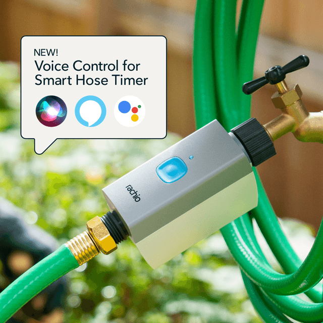 Rachio Smart Hose Timer on Hose with voice control icons