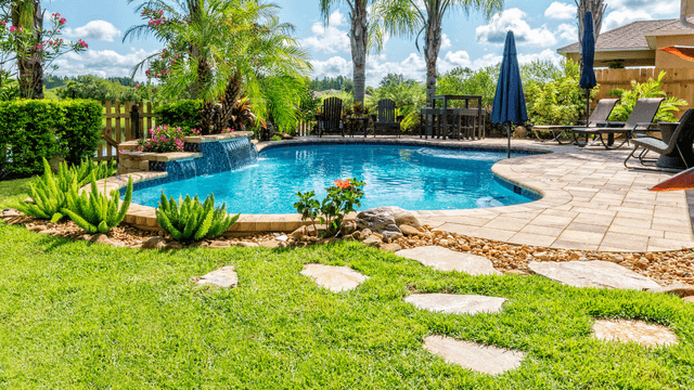 Summer backyard setting of green grass surrounding a swimming pool